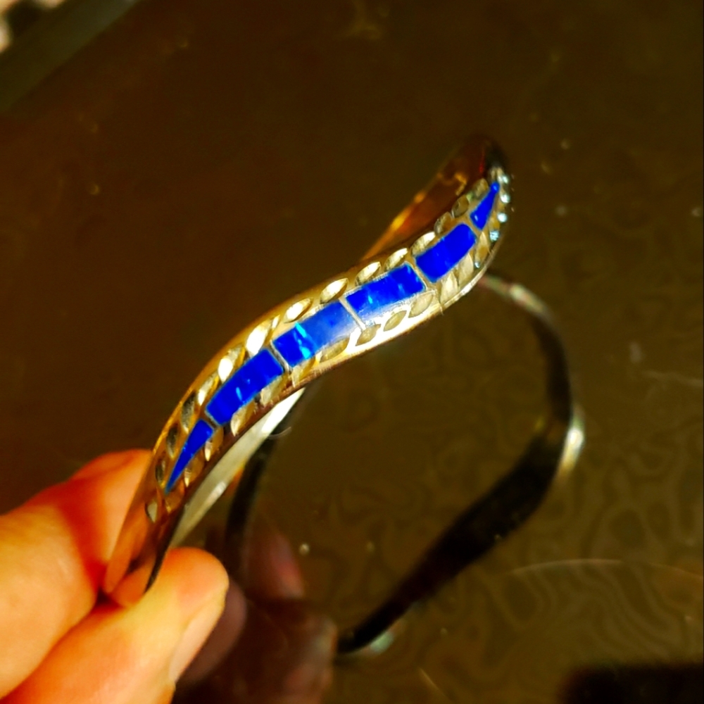 Sterling Silver Bracelet with Blue Fire Opal Inlay